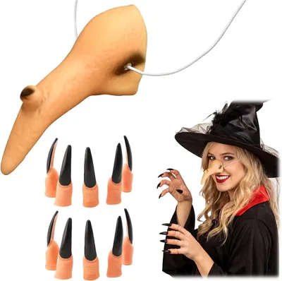Productafbeelding van Halloween heksenkostuum accessoires met neus heks 10 - Zwarte nagels