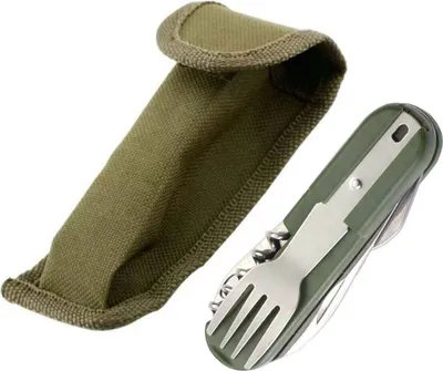 Produktbild von 7 tlg. Campingbesteck Outdoorbesteck Bundeswehrbesteck Feldbesteck Faltbar, Farbe:Grün