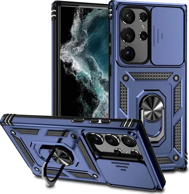 Produktbild von Galaxy S23 Ultra Hülle mit Schiebe Kamera Schutz und Ringhalter Ständer Robust Rüstung Schutzhülle für Samsung Galaxy S23 Ultra Blau