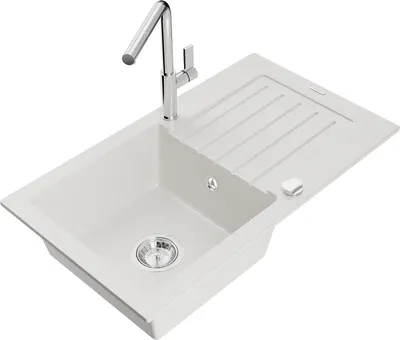Produktbild von Mexen Pablo 1 Becken-Granitspüle mit Abtropffläche und Mischbatterie Flora, Weiß - 6510-20-670401-00