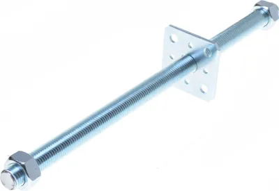 A metal post anchor with a square plate and a bolt with a nut.