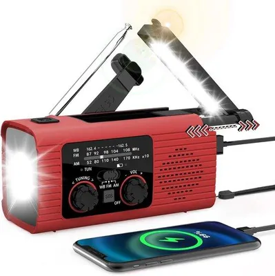 Immagine prodotto di Radio di emergenza a energia solare - Pratica radio di emergenza - Radio di emergenza a energia solare con funzione sveglia - Radio con sveglia - Radio di emergenza a energia solare con powerbank da 2000 mAh - Radio di emergenza rossa