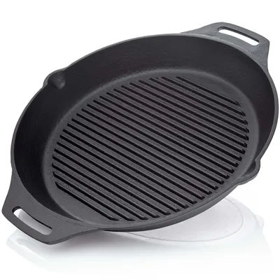Produktbild von BBQ-Nerd Gusseisenpfanne zum Grillen - mit Rillenboden für ein schönes Grillmuster - Steakpfanne Ø 35 cm 4550g mit Ausgießer und Henkel