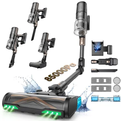 A collage of a cordless vacuum cleaner and its accessories, with water splashes indicating cleaning power.