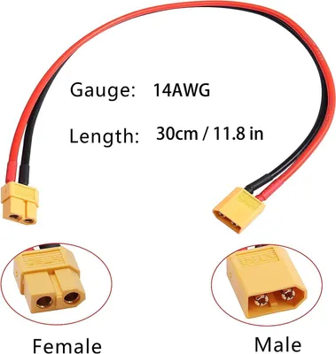 Immagine prodotto di 2x cavo di prolunga XT60 30cm 14AWG (da maschio a femmina) in silicone + 2 coppie di spine/prese XT60 - set ad alta corrente per batterie LiPo, droni FPV