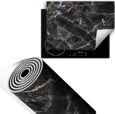 Produktbild von Herdabdeckplatte 70x52 cm Glaskeramikkochfeld Abdeckung Anti Rutsch Matte Aufrollbar, Marmor Schwarz