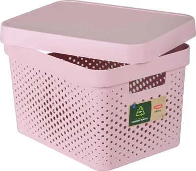 A pink storage box with a lid, shown from a slightly elevated angle.