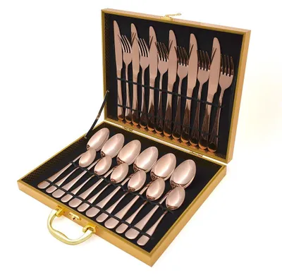 Produktbild von [Besteckset 24 tlg. [Wooden Box] in verschiedenen Farben] glänzendes Edelstahlbesteck für. 6 Personen Messer, Gabel, Löffel Cutlery Set mit Geschenkbox, Farben:Rose Gold