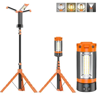 Produktbild von LED Campinglampe mit Stativ 9000mAh, Wiederaufladbare Arbeitsleuchte 3 Lampenköpfe, Dimmbar 10000 Lumen, Magnetisch mit Tripod für Outdoor Notfall