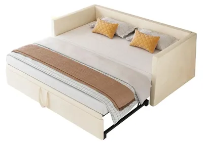 Zdjęcie produktu dla Sofa rozkładane 90/180x200 cm - Rozkładana sofa do spania z elastycznym stelażem - Tapicerowane łóżko z aksamitu - Wielofunkcyjne łóżko jednoosobowe bez materaca - Beżowe
