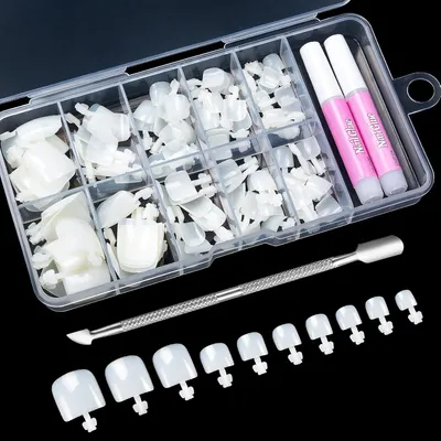 Produktbild von Set mit 600 künstlichen Zehennägeln, 12 Größen, natürliche Acryl-Zehennagelspitzen, vollständige Abdeckung, inklusive Kleber und Box für Damen, Mädchen, Nagelstudio und Nageldesign zum Selbermachen