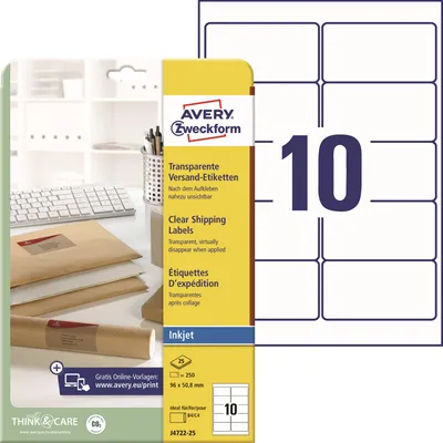 Produktbild von Avery Zweckform J4722-25 Versand-Etiketten, 96 x 50,8 mm, Geeignet für Deutsche Post INTERNETMARKE, 25 Blatt/250 Etiketten, transparent
