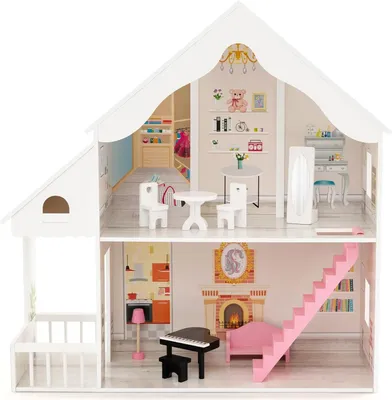 Produktbild von Puppenhaus Holz, halboffenes Holztraumhaus mit simulierten Räumen & komplettem Spielzubehör, Dollhouse Spielzeug für Puppen unter 36 cm, Puppenvilla Puppenstube für Kinder ab 3 Jahre, Weiß