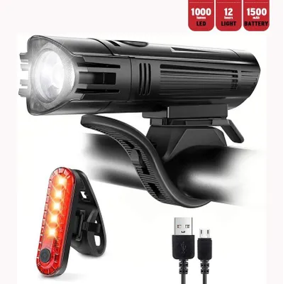 Produktbild von Fahrradlicht Set LED USB Wiederaufladbar mit Frontlicht und Rücklicht 4 Lichtmodi Schwarz für Fahrrad E-Bike und Outdoor