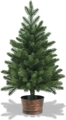A small, artificial Christmas tree in a decorative pot, presented against a white background.