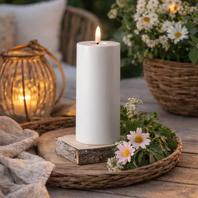 Produktbild von LED Kerze outdoor - Kunststoff - 3D Flamme - H: 17,5cm - D: 7,5cm - Timer - für Innen/Außen - weiß