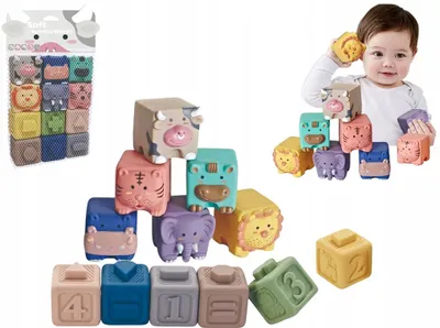 Produktbild von Weiche, sensorische Lernbausteine, Beißringe, Tierfiguren, 12 Stück, Würfel