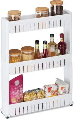Image de Étagère de niche Relaxdays, 3 tablettes, étagère de niche étroite pour salle de bains et cuisine, L x P x H : 71 x 12,5 x 54 cm, étagère à roulettes en plastique, blanche