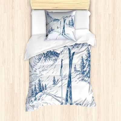 Produktbild von ABAKUHAUS Winter Bettbezug Set, Ruhige Ansicht mit Skielementen im Schnee Ski Sport Bergblick Skizze, 135 x 200 cm + 80 x 80 cm, Blau Weiss