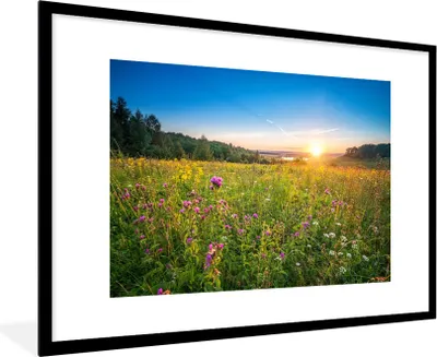 Produktbild von MuchoWow® Gerahmtes Poster Sonne - Gras - Blumen 90x60 cm - Poster mit Schwarzem Bilderrahmen Wandposter Rahmen Foto Bilder - Wanddekoration - Fotos