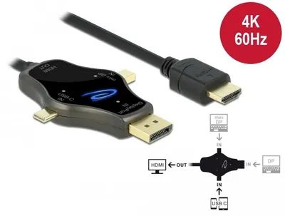 Productafbeelding van Delock 3-in-1 monitorkabel met USB-C / DisplayPort / mini DisplayPort-ingang naar HDMI-uitgang, ondersteunt 4K bij 60 Hz