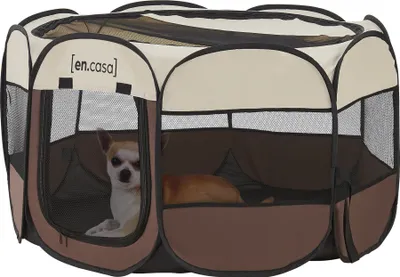 Produktbild von [en.casa] Kojec dla psa Telford 58 x 114 x 114 cm Kojec dla zwierząt Pop Up do użytku wewnątrz i na zewnątrz Kojec dla szczeniąt Buda dla psa Kolor brązowy/kremowy