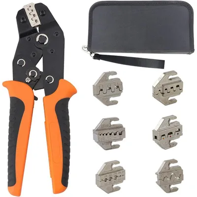 Image de Ensemble de pinces à sertir comprenant 6 lames de coupe, une pince à sertir à cliquet pour les gaines thermorétractables et les connecteurs, avec sac de transport inclus