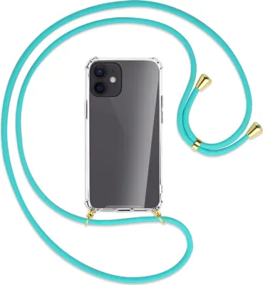 Produktbild von Handykette Backcover-Schutzhülle mit Band (Metall goldfarben) für Apple iPhone 12 Mini - türkis