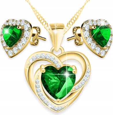 Productafbeelding van Set bestaande uit een gouden hartketting en gouden oorbellen met groene hartjes, liefdesmotief, zilver 925