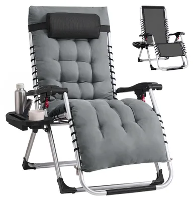 Produktbild von SONGMICS Klappbare Relaxliege mit Stahlrahmen, abnehmbarem Kissen, Liegestuhl für Garten und Balkon, Tasche, Tablett, dunkelgrau