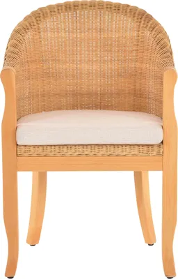 A single rattan armchair with wooden legs and a beige cushion, photographed from the front against a white background.