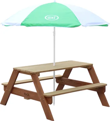 Produktbild von AXI Nick Kinder Picknicktisch aus Holz | Kindertisch in Braun mit Sonnenschirm für den Garten