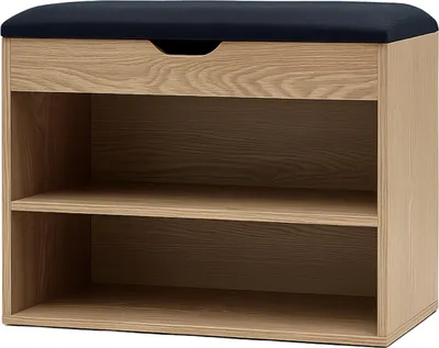 A shoe cabinet with a padded seat on top, made of light wood with a dark blue upholstered seat.