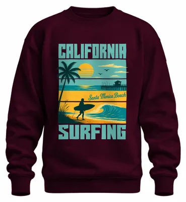 Imagen del producto de Sudadera con cuello redondo, estilo retro, con motivos de surf en California, playa de Santa Mónica, océano, diseño "USA". Color burdeos, talla XL