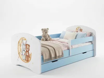 Obrázek produktu pro Dětská postýlka 140 × 70 cm v modré barvě včetně matrace, bočnice a úložného prostoru | Kvalitní postýlka s motivem pro děti