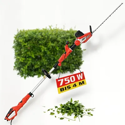 A red and black electric hedge trimmer with a telescopic pole is shown diagonally against a white background, with a green hedge and a pile of cut leaves in the foreground. A yellow and red sign hangs from the trimmer.