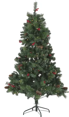 Produktbild von BELIANI Weihnachtsbaum 180 cm Grün Kunststoff/Metall inkl. LED Beleuchtung Ständer mit Zapfen geschmückt Weihnachten