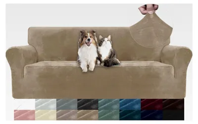 Produktbild von Samt Sofaüberzug 3-Sitzer, Stretch Sofahusse Universal, Rutschfester Sofaschoner, Couchbezug mit Armlehne, Schutzbezug für Katzen, Waschbare Couchschoner, Kamel