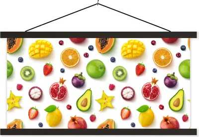 Produktbild von MuchoWow® Textilposter Früchte - Muster - Farben 90x45 cm mit schwarzem Rahmen - Klemmleisten