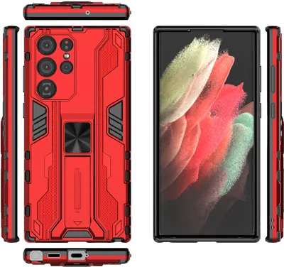 Produktbild von Galaxy S22 Ultra 5G Hülle, Dual Layer PC TPU Bumper Stoßfest Ständer Schutzhülle für Samsung Galaxy S22 Ultra 5G Rot