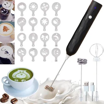 Productafbeelding van Elektrische melkemulsieapparaat 2-in-1 met decoratiekit - 3 snelheidsstanden, roestvrijstalen melkstokjes voor koffie, matcha en chocolade