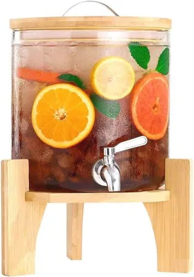 Produktbild von Famanu Gläserner Saftspender 5L mit Holzständer - Eleganter Getränkespender für Feiern und Events