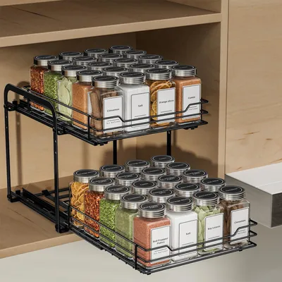 Produktbild von Ausziehbares Gewürzregal für den Küchenschrank, 2 Etagen, höhenverstellbar, schwarz