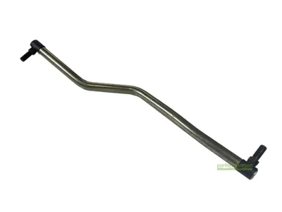 A metal steering rod with black connectors on a white background.