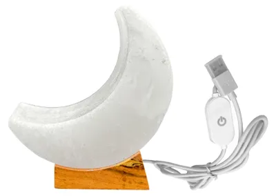 Produktbild von HAF Dimmbare USB Salzlampe HALBMOND Weiß aus Kristallsalz – Handgefertigte Salzkristall LED Deko Lampe – Als Tischlampe für Büro & Schlafzimmer