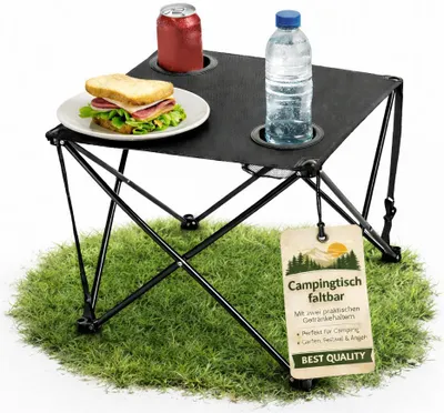 Produktbild von Faltbarer Campingtisch Schwarz mit 2 Getränkehaltern – ultraleicht 1 kg, stabil bis 30 kg, kompakt mit Tragetasche für Camping & Outdoor