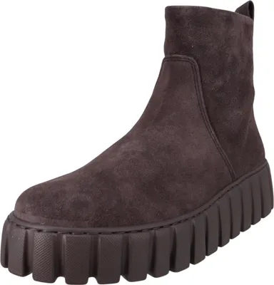 A single brown suede boot with a thick, lug sole is shown against a white background.
