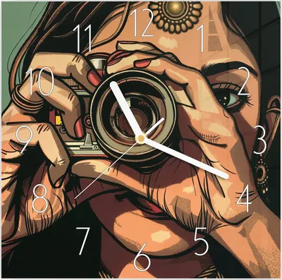 Produktbild von Wanduhr aus Glas mit Motiv Frau Mit Kamera- 30 x 30 cm - inkl. Aufhängesystem