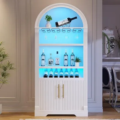 Produktbild von Bogen Weinschrank Holz, 180cm Barschrank Modern, 3 Farben Licht, 4 Reihig Rotweinglas Regal, 2 Tür Stauschrank, Weinschränke für Küche Esszimmer Wohnzimmer, Weiß