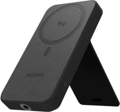 A black Mophie power bank with a stand is shown against a white background.